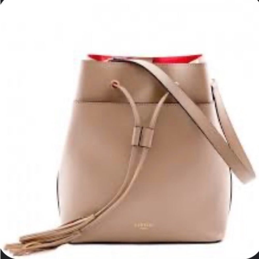 Camelia Roma Taupe Leather Bucket Bag Nude Red Interior